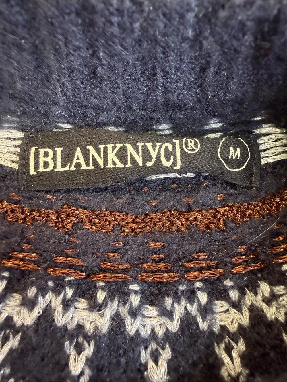 NWOT Blank NYC Black Fair Isle Yoke Sweater with White Brown Pattern